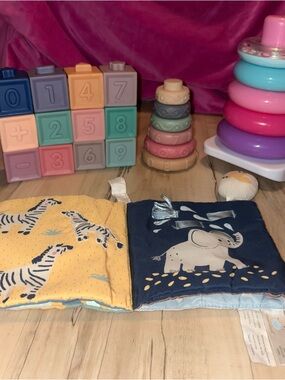 Baby Learning Toys Bundle -Blocks, Bib-Style Cloth Book, stackable rings
